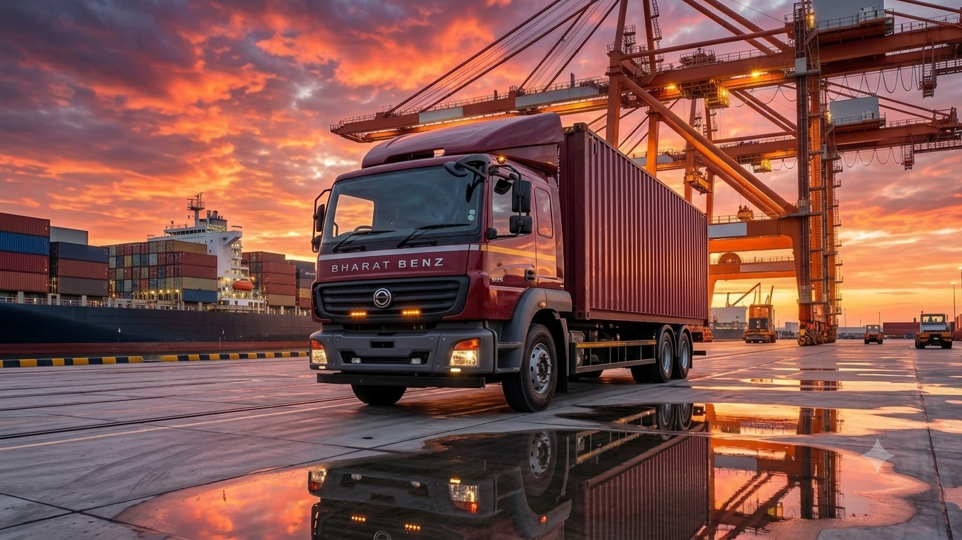 BharatBenz container truck at a cargo terminal during sunset