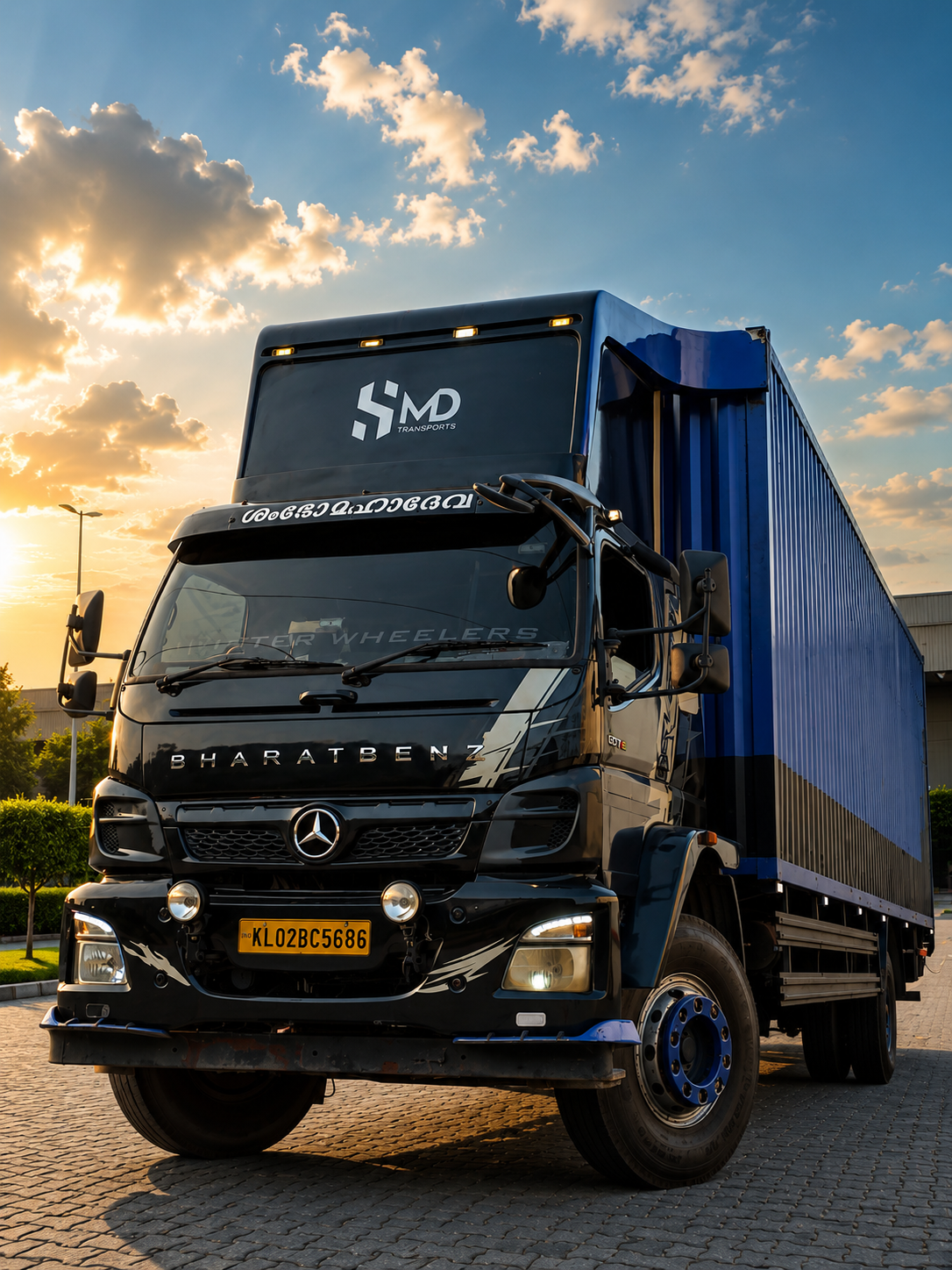 SMD BharatBenz container truck at sunset